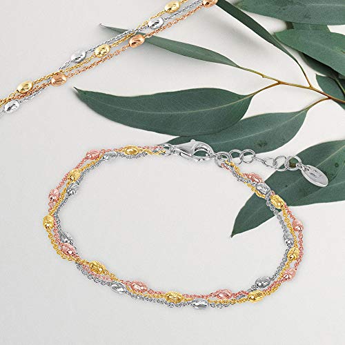 Sterling Silver Italian Tri-Color Triple Strand Oval Beaded 7+1" Bracelet/9+1" Anklet Jewelry for Women or Teens3