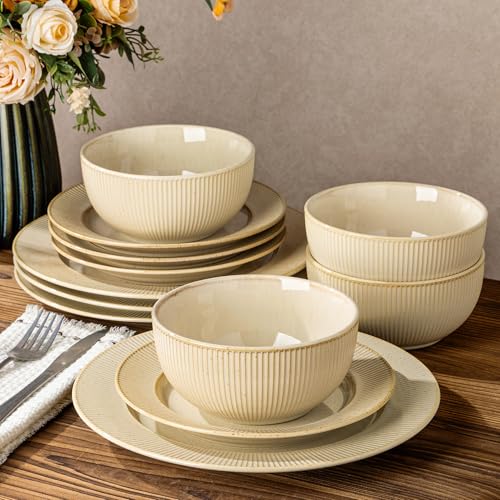 Image of TheTerra Ceramic Dinnerware Sets for 4, 12 Pieces Porcelain Lightweight Plates and Bowls Sets, Scratch Resistant Dish Set, Oven, Microwave & Dishwasher Safe, Cream Latte