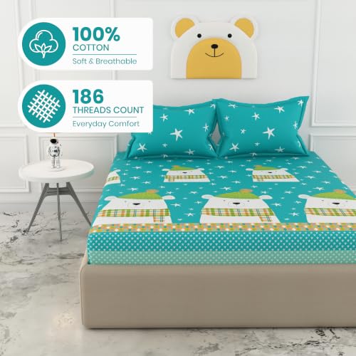 Image of LORETO - A QUALITY LINEN BRAND 186 TC 100% Pure Cotton King Size Fitted Bedsheet with 2 Pillow Covers for 78 x 72 Inch Mattress, All-Around Elastic, 8 Inch Deep Pocket, Teal Bear