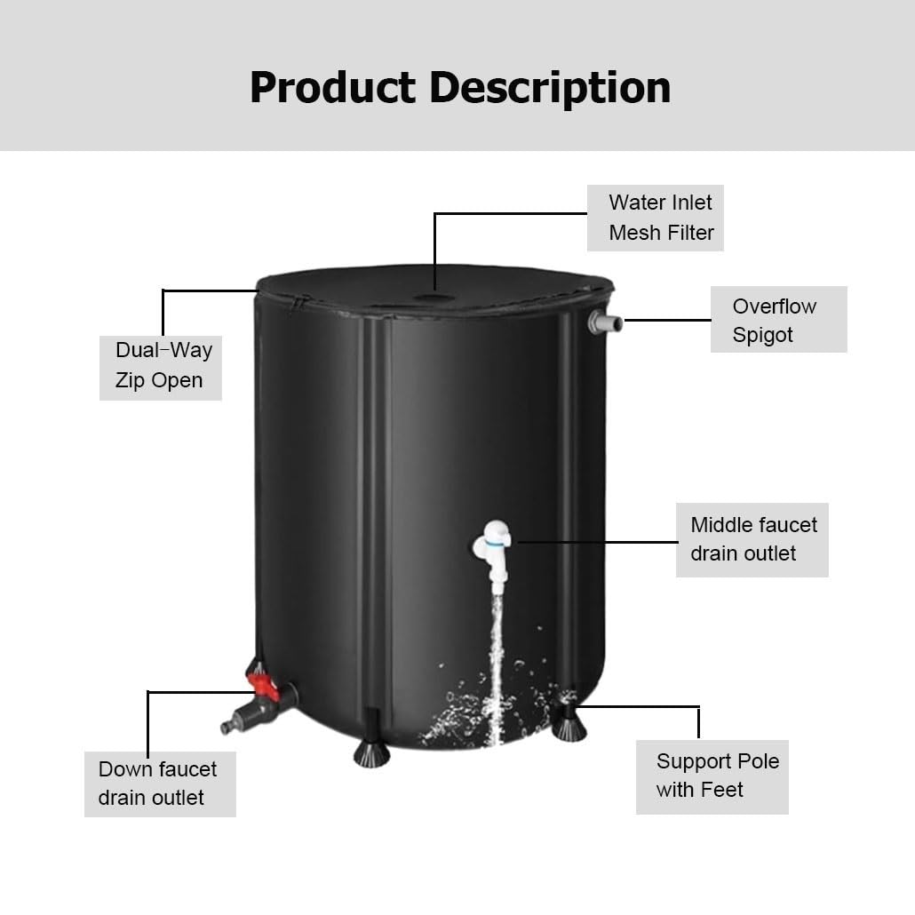 Barriles de Lluvia Plegables de 13 a 264 galones for recolectar Agua de Lluvia de canaletas, Sistema de recolección de Agua de Lluvia, contenedor colector(Black,1x1.25m/1000L/264gal)