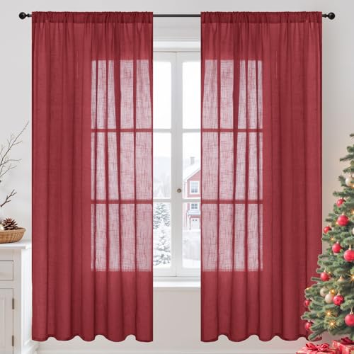 Image of BGment Burgundy Linen Curtains 72 Inches Long for Living Room, Window Drapes Semi Sheer Textured for Farmhouse Bedroom Dining Christmas Decor with Rod Pocket Lightweight, 2 Panels, Each 52 Inch Wide