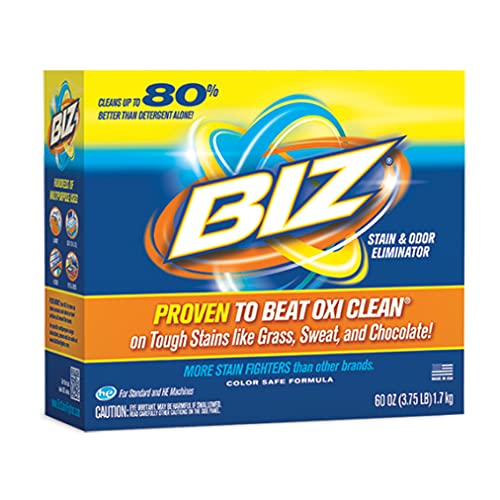 Biz Laundry Detergent Powder Booster, Stain & Odor Eliminator for Tough Stains Like Grass Sweat Chocolate, Enzyme Laundry Booster, Oxygen Bleach Powder, 4 Stain Fighters, Color Safe, HE Safe, 60 Oz