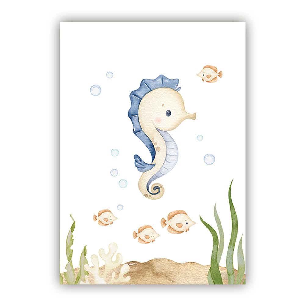 6 Poster Animali Marini Per Cameretta Bambino - Tela 21x30cm Con Cavallucci, Balene E Tartarughe - Decorazione Murale Senza Cornice, Regalo Nascita