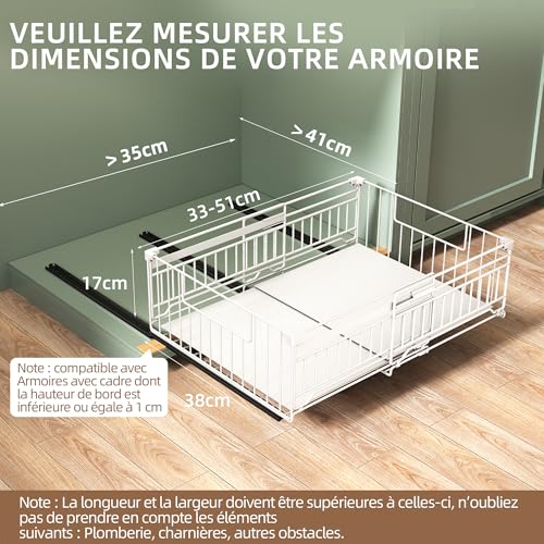 NETEL Lot de 2 tiroir coulissant cuisine extensible,organisateur placard cuisine,plateau coulissant pour placard,Fixation Autocollante ou par Vis,33-51L x 38P x 17H cm,Blanc – vue 2