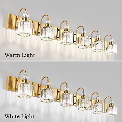 Image of Ralbay Gold Crystal Vanity Lights for Bathroom 6-Lights Brass Gold Crystal Bathroom Vanity Lights Over Long Mirror Modern Crystal Bathroom Wall Lighting Fixtures