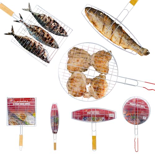 Set Of 4 Bbq Grills - Chrome, For Cooking | Long Handle Tools | Suitable For Burgers, Fish, Rack Mesh Holder | Basket, Folding, Stand, Long | Non Slip Handle