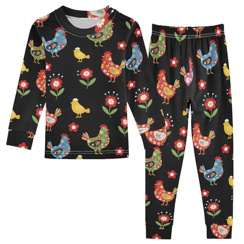 Pajama Sets Long Sleeve Colorful Chickens and Flowers Soft Comfy Sleepwear 2 Piece PJS 3-8T