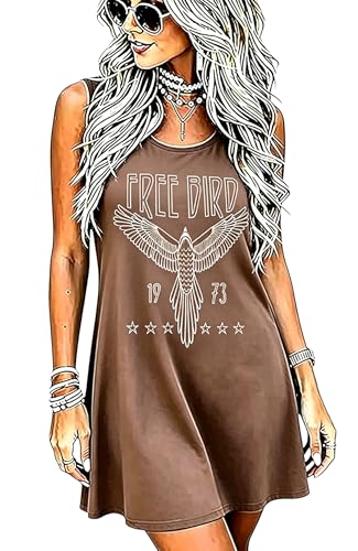 Image of Vintage Rock Country Music Dress for Women Rock Concert Band Graphic Tshirt Casual Letter Print Short Dress