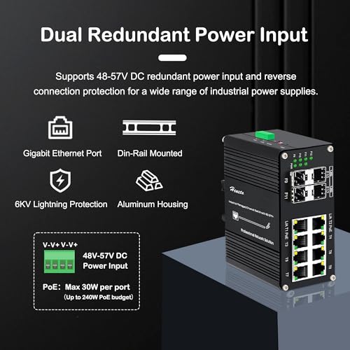 Image of Industrial 12 Port Gigabit Managed PoE Switch, Hardened Din-Rail Network Ethernet Switch, 8 PoE Port @240W + 4 1000Base-X SFP Fiber with 1xUSB-C Console, DC48~57V Input, QoS, VLAN, IGMP
