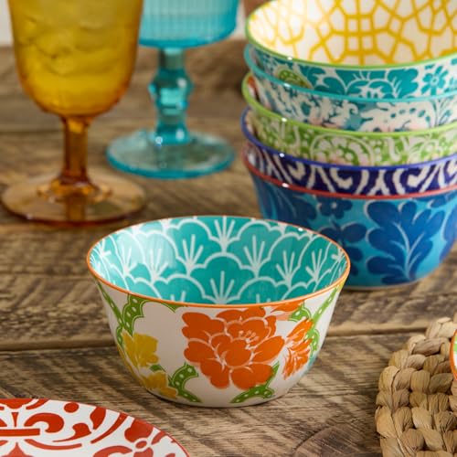 Pavillion Porcelain ALL PURPOSE BOWLS SET of 6, 4.75-inch vibrant patterned bowls with global tile motifs, ideal for snacks, fruit, sauces, prep bowls, sides, desserts, mix-and-match dining by Certified International - Used condition - Image 7