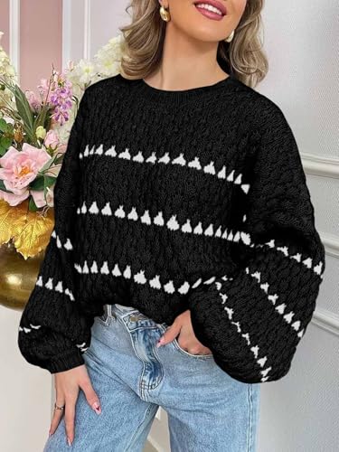 Saodimallsu Womens Oversized Sweaters Striped Long Lantern Sleeve Crew Neck Fall Trendy Knit Pullover Sweater2