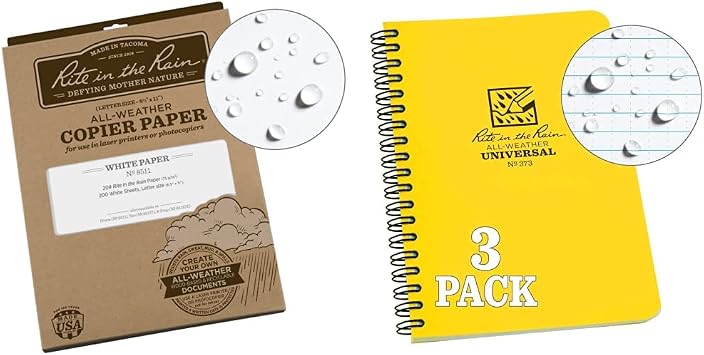Rite in the Rain All-Weather Copier Paper, 8 1/2" x 11", 20# White, 200 Sheet Pack No. 8511 & Weatherproof Side Spiral Notebook, 4.625" x 7", Yellow Cover, Universal Pattern, 3 Pack No. 373L3