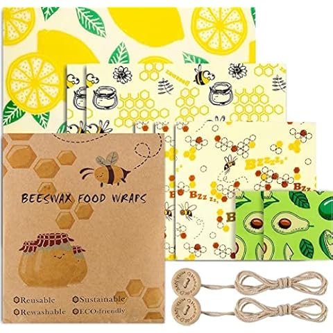 Beeswax Wraps Food Cover Reusable: Set of 8 Eco Friendly Washable Wax Wrap Paper for Food Storage - Cheese / Sandwich Wrappers Bowl Covers - Alternative to Cling Film Cover