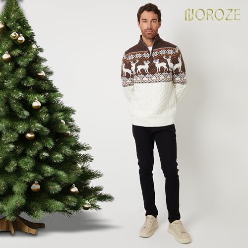 NOROZE Men's Christmas Moose Fairisle Cable Knitted Mock Quarter Zip Xmas Jumper Cream - Image 5