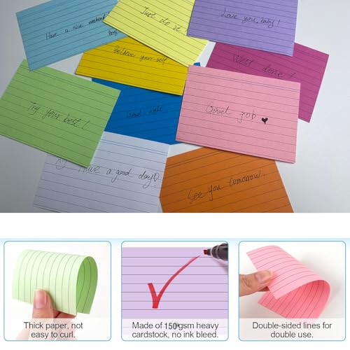 Fhlbestyu Karteikarte A7, 500 Stücke, 7,4 x 10,5 cm Linierte Karteikarte für Mark, Rezeptaufzeichnung, Hinterlasse eine Nachricht, Unterwegs Vokabel Lernen (5 Farben Verpackt)