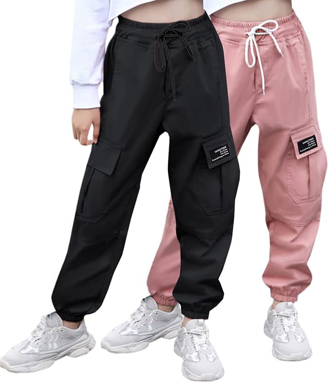 Image of SANGTREE Girl's&Women's 2 Packs Cargo Pants Elastic Waist Drawstring Tapered Multi Pockets Cargo Jogger Pants