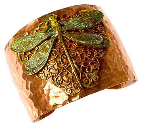 Elaine Coyne Forged Copper and Patina Brass Neo-Victorian Dragonfly with Filigree Cuff Bracelet