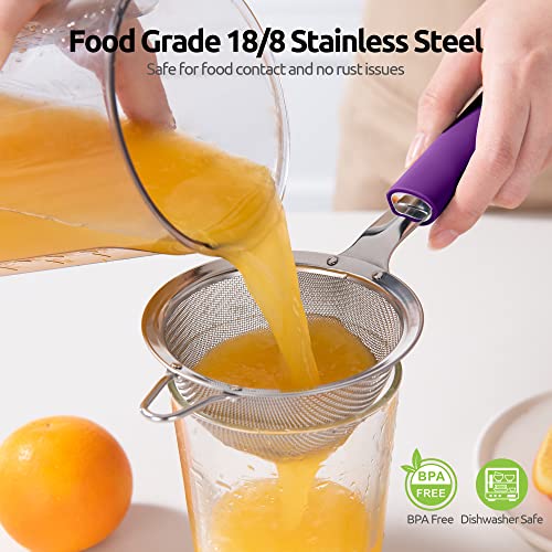 Image of 18 /8 Stainless Steel Mesh Strainer: U-Taste 3.9 Inch Kitchen Fine Mesh Sieve Food Colander with Riveted Sturdy Silicone Handle and 30 Mesh Hole for Straining Flour, Quinoa, Tea, Juice (Purple)