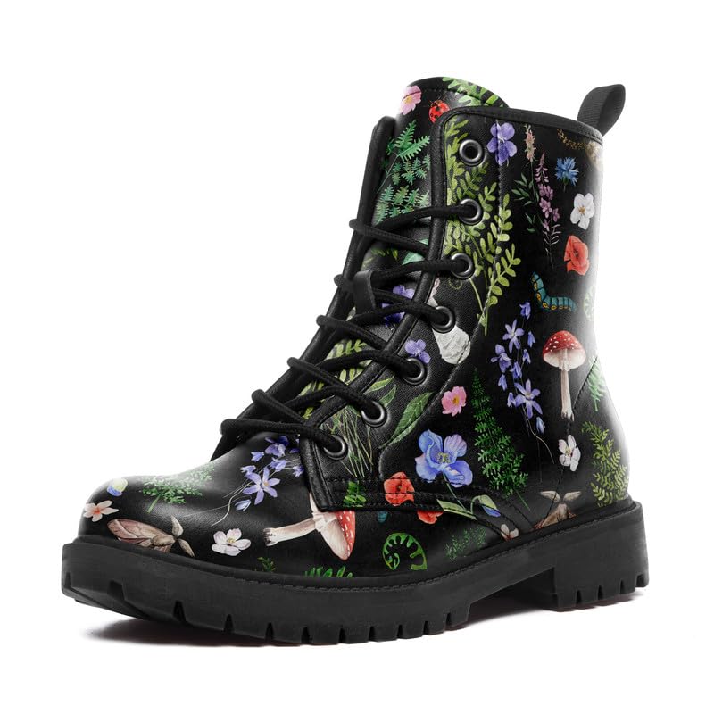 Image of Fashion Ankle Boots For Men Women Floral Mushroom Star Trendy Lace Up Unisex Booties Combat Trendy Street Wear Boots