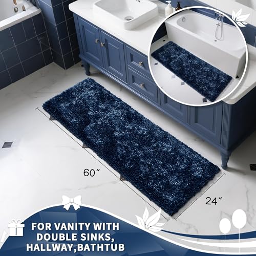 Image of Yimobra Long Bathroom Rugs Runner 60x24 Inch, Extra Thick Soft Absorbent Chenille Bath Mat, Non Slip Machine Washable, Quick Dry Bath Rugs for Bathroom Floor, Tub and Shower, Peacock Blue