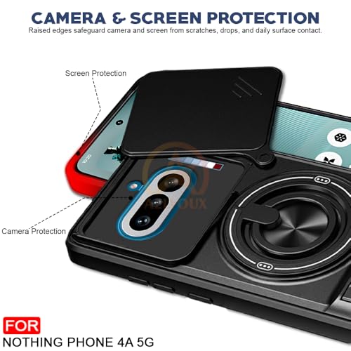 Image of Nothing Phone 4A 5G Back Cover | Armor Camera Slider 360 Degree Rotating Finger Ring Holder Case with Bracket Stand Back Case Cover (Compatible with MagSafe Accessories) (Black)