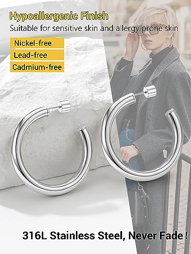 Image of Stainless Steel Chunky Hoop Earrings For Women, Minimalist and Chic, Black /Gold Plated, Round Hoops Earrings Hypoallergenic, Size: 30mm /40mm /60mm /80mm, Come with Box