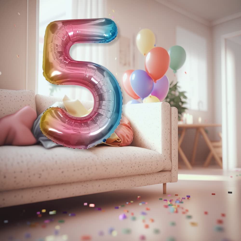 DIWULI XXL Zahl 5 Luftballon – Rosa Regenbogen, Bis 90 Cm, Für Helium Oder Luft