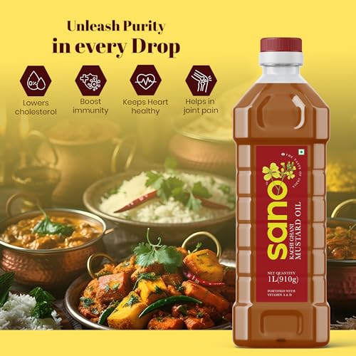 Image of Sano Pure & Fresh Kachi Ghani Mustard Oil - 1 Ltr X 2 Pack Pet Bottle | High Pungency | Rich in Omega-3 | 100% Natural and Pure | Authentic Indian Cooking Oil