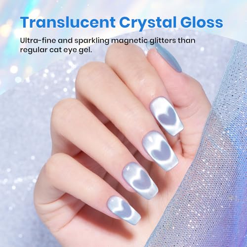 Image of Beetles Blue Cat Eye Gel Polish, 15ML Light Blue Glass Cat Eye Glitter Gel Polish with Magnet Shimmer Translucent Sheer Color Soak Off UV Frosted Galaxy Series French Nail Art Gift for Women