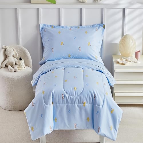 Image of DuShow Cotton Toddler Bedding Set,4 Piece Toddler Bed Comforter Sets, Blue Fish Pattern for Kids Boys and Girls,Includes Quilted Comforter,Fitted Sheet,Top Sheet,and Pillow Case