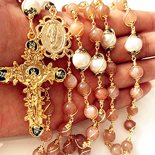 elegantmedical Handmade Wire Wrapped Orange Moonstone &10mm Real Pearl Beads Rosary Cross/Crucifix Necklace Box Catholic Womens Gift4