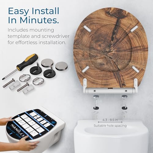 Image of Sanilo Wooden Toilet Seat with Quick Release & Soft Close [ROUND] - Decorative & Slow Close Molded Wood Seat - With One Click for Easy Installation & Cleaning - With Adjustable Fit (Old Tree)