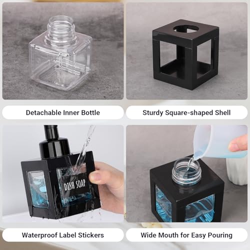 Segbeauty 11.84oz Black Foaming Soap Dispenser for Bathroom, 2pcs 350ml Empty Square Dish Soap Dispenser with Labels Pump for Kitchen, Refillable Hand Wash Foam Dispenser Soap Reusable Shampoo Bottles4