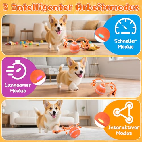 Jadyon Interaktives Hundespielzeug, Hundespielzeug Unzerstörbar, Interaktiver Spielball für Hunde, Hundeball Elektrisch Ball mit Schwanz 3 Spielmodi 3 Kauschnüren USB(Orange
