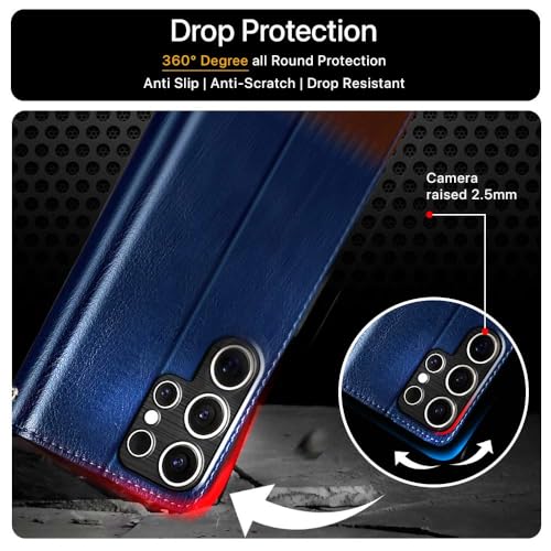 Image of FLIPPED Vegan Leather Flip Case Back Cover for Samsung Galaxy S25 Ultra 5G (Flexible, Shock Proof | Hand Stitched Leather Finish | Card Pockets Wallet & Stand | Blue with Brown)