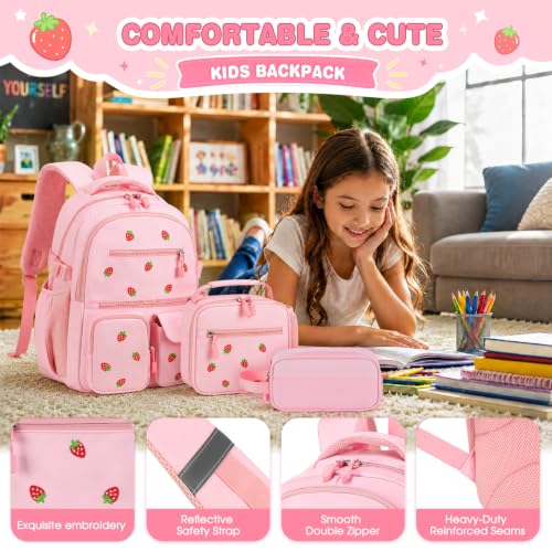 Image of DIGOBAY Backpack for Girls 6-8, 3PCS Embroidery Toddler Girls Backpack with Lunch Bag Pencil Case, 15.7 inch Kids School Bookbag for Preschool Kindergarten Elementary Daycare Backpacks, Pink Strawberry
