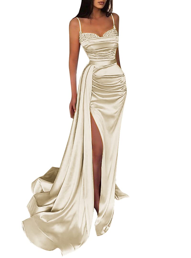 Women's Prom Dresses with Slit Spaghetti Strap Sparkly Mermaid Pleated Beading Stain Formal Evening Gowns