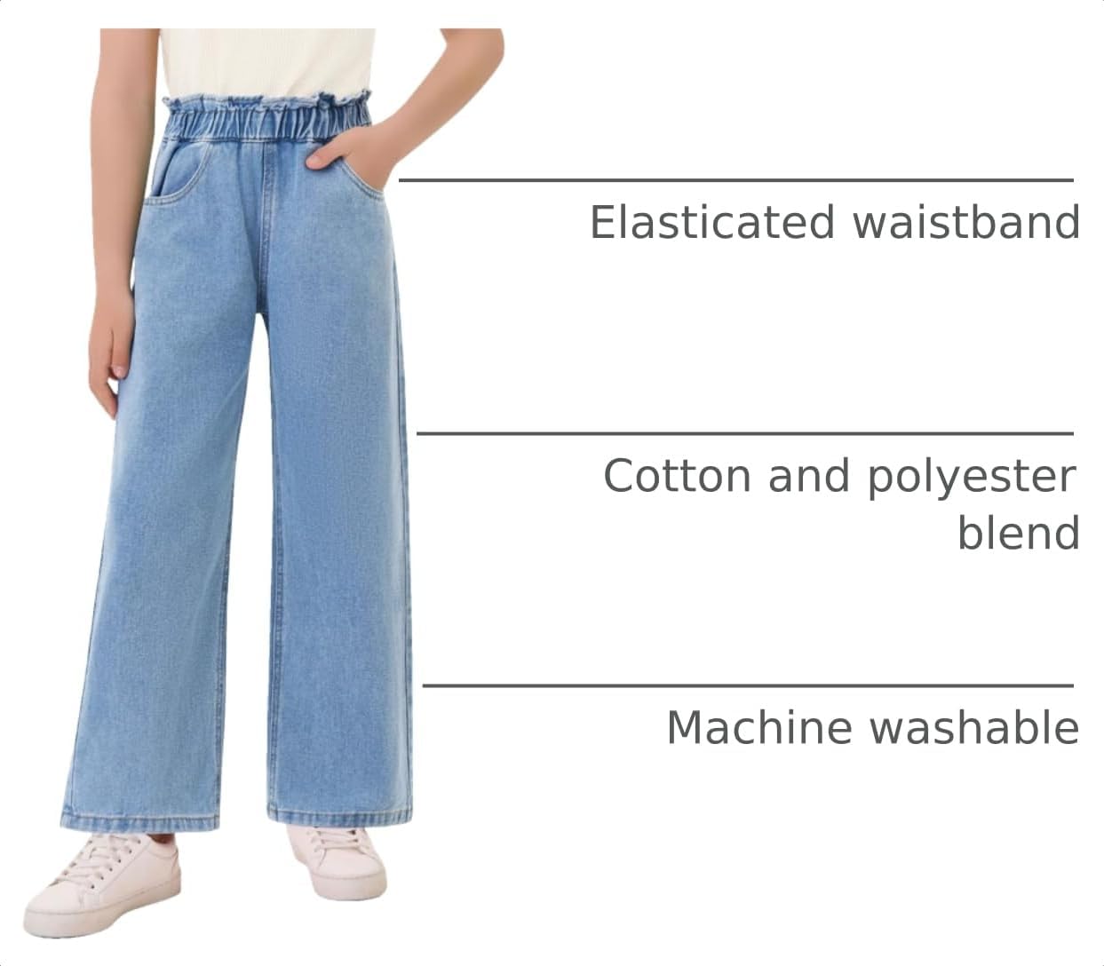 Haloumoning Girls Cute Wide Leg Flared Jeans Kids Oversized Elastic Waist Paper Bag Pants with Pockets 5-14 Years
