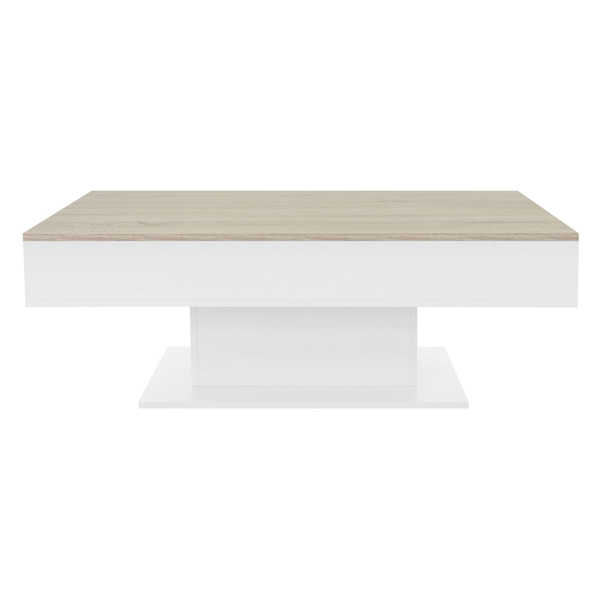 ML-Design Tavolino da Salotto con 2 Scomparti Sotto il Piano Scorrevole Legno MDF Bianco/Aspetto di Legno Quercia 110 x 60 x 40 cm Tavolo da Caffè per Soggiorno con Spazio di Archiviazione