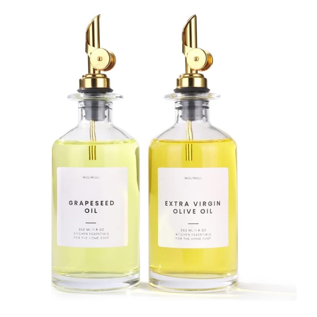 2 Pcs Olive Oil Dispenser Bottle for Kitchen, Coffee Syrup Dispenser - Elegant & Classy Olive Oil Bottles for Kitchen - Glass Cooking Oil Dispenser, Container, Cruet with Pourer Spout (Gold)