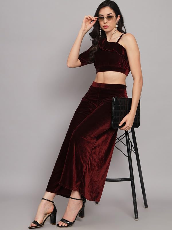 Image of Vaararo Velvet Co-Ords for Women | One Sleeve Crop Top with Palazzo Set Casual Party Dress