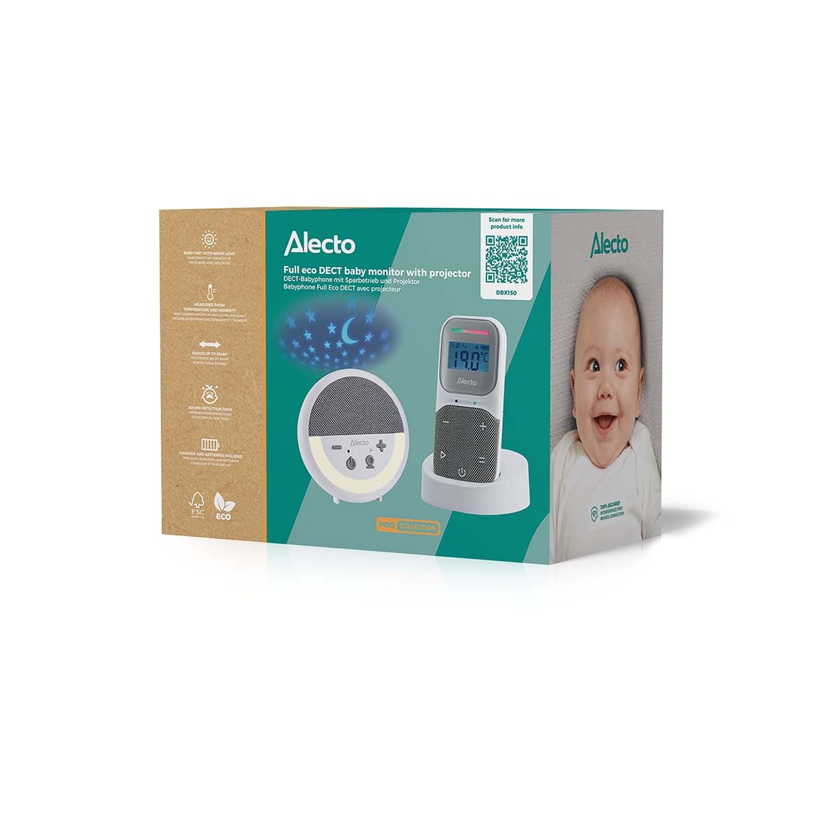 Alecto DBX150 - luksusowa elektroniczna niania Full Eco DECT Audio z projektorem, wyświetlaczem, nocną lampką nocną i kołysankami – biała/szara