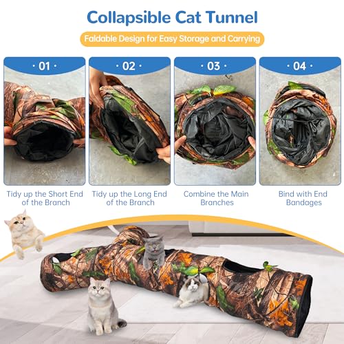 Image of Cat Tunnel,Under Christmas Tree 59 inch Large Y-Shape Cat Cave with 3 Rustle Channels & Leaves, Portable Cat Bed Toy for Indoor Kittens & Small Pets to Chase and Play, Easy Storage (Brown)