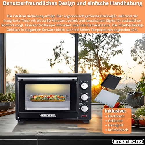 STEInBORG Mini Backofen 25 Liter | Pizza-Ofen | 3in1 Backofen | Minibackofen | Miniofen | Krümelblech | Ober-/Unterhitze | Konvektion | 60 minTimer | 1.600 Watt – Bild 2