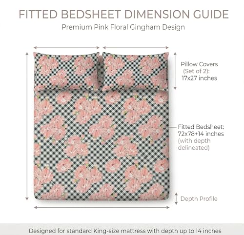 Image of VAS COLLECTIONS King Size Cotton Fitted Bedsheet (78 x 72 + 14 Inches) with Deep Pocket | 220 TC Soft Breathable Wrinkle Free Elastic Bed Sheet for King Mattress | (Pink Flower)