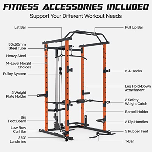 Mappding 1500Lbs Squat Cage, Power Rack For Home Gym With Lat Pullup System, T Bar, Leg Hold-Down Attachment, Weight Cage With More Training Attachment For Garage Workout Strength Training, Orange #TOP2