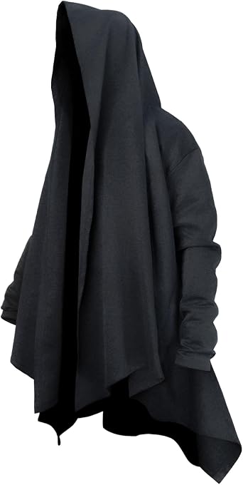 Mens Streetwear Long Hooded Cardigan with Ruffle Shawl Collar, Open Front, Lightweight Drape Cape and Belt,Samurai Cosplay