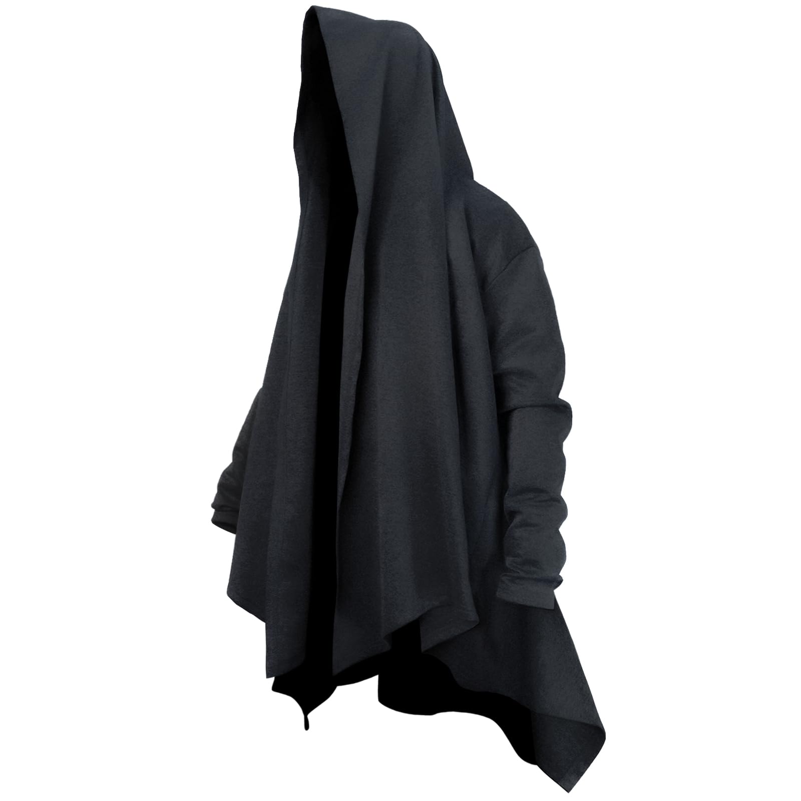 Mens Streetwear Long Hooded Cardigan with Ruffle Shawl Collar, Open Front, Lightweight Drape Cape and Belt,Samurai Cosplay-image-0