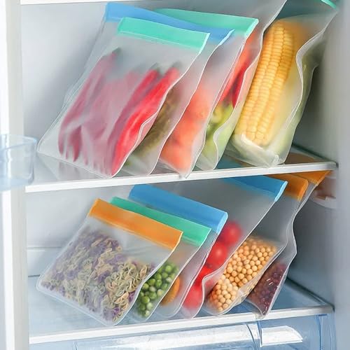 12 Piezas Bolsas para Almacenamiento de Alimentos, Reutilizables Bolsas de Almacenamiento con Cremallera, EVA, 28 x 20 cm y 22 x 13,5 cm, Sin BPA, para Verduras Leche Aperitivos Carne(Azul, Naranja)