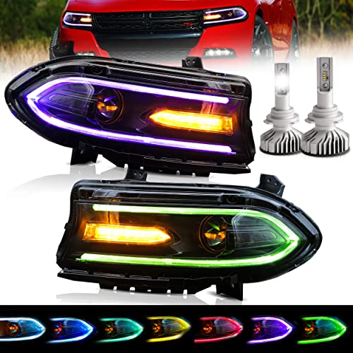 VLAND LED RGB Headlights with 9005 Bulbs Assembly Fit for Dodge Charger 2015-2020, Plug-and-play, RGB